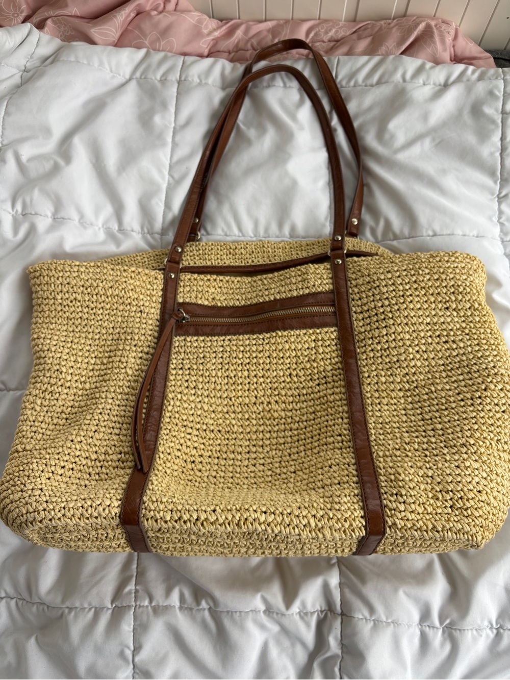 Banana Republic Straw Tote Large Natural Woven Leather Beach Bag Purse